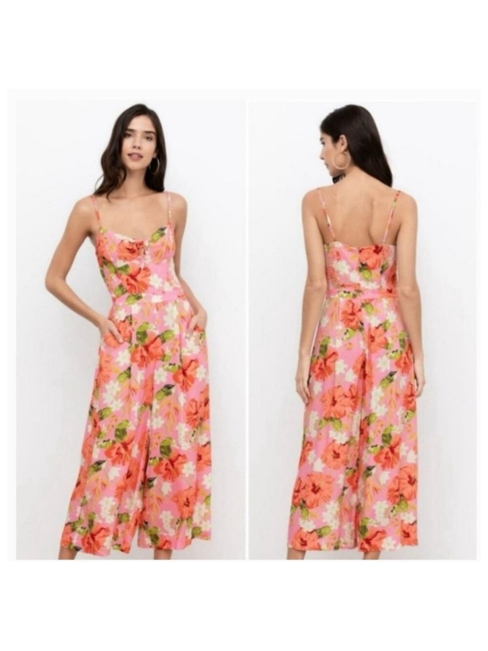 Yumi Kim Mai Tai Pink Floral Wide Leg Jumpsuit Rayon Size 12 - Picture 3 of 11